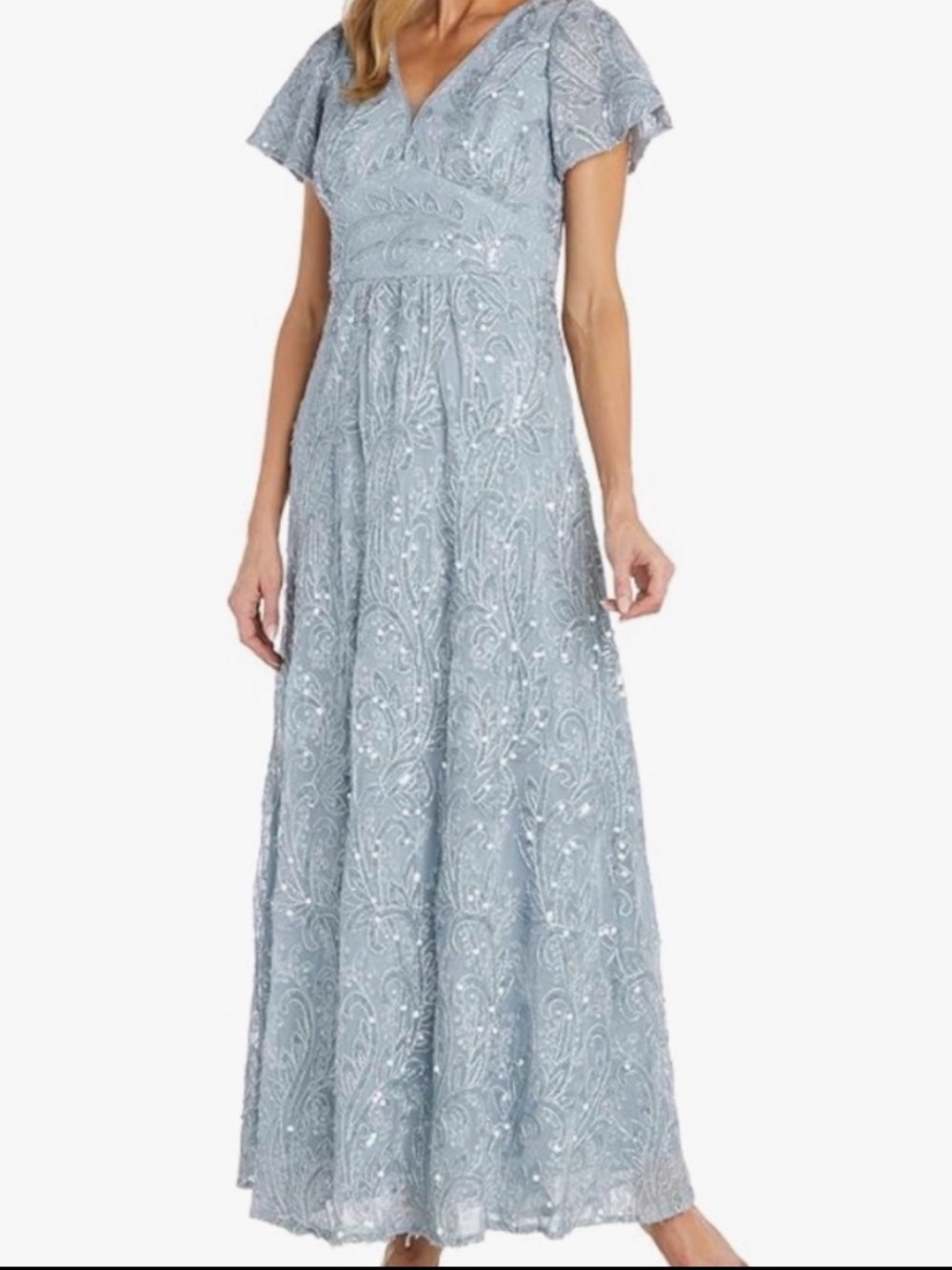 R&M Richards Light Blue Beaded Lace V‑Neck Maxi Dress